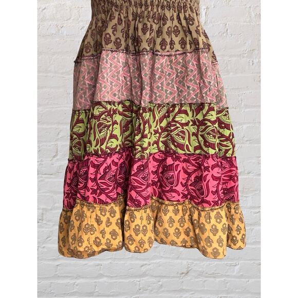 Culture Shop Brown Boho Patchwork Smoked Strapless Dress Sz L Bohemian Hippie - Picture 5 of 9